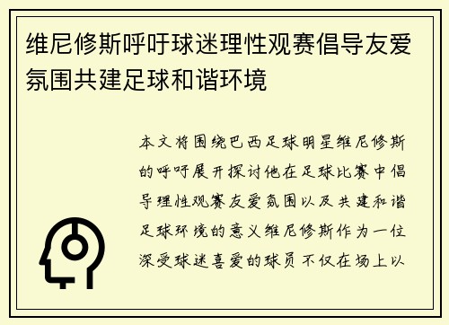 维尼修斯呼吁球迷理性观赛倡导友爱氛围共建足球和谐环境